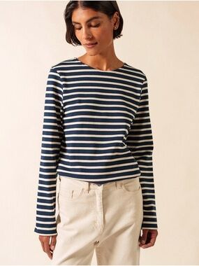 Saint James Navy/Ecru Meridien Moderne Breton Striped Boatneck Top Preppy Medium